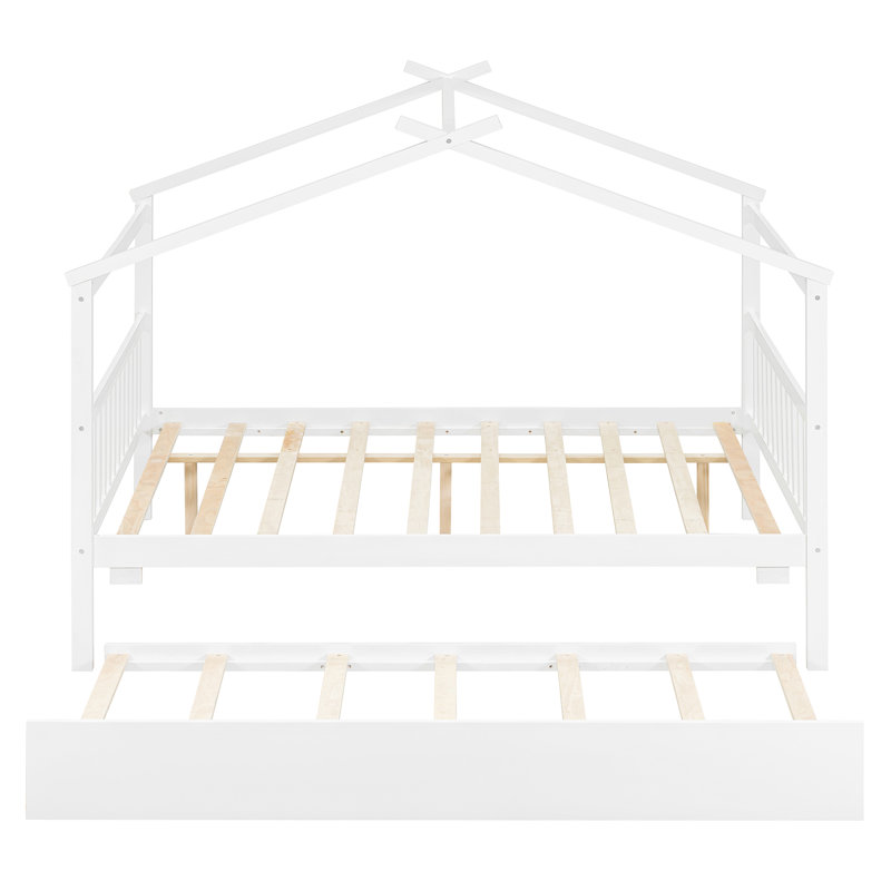 Wooden House Bed With  Trundle, White