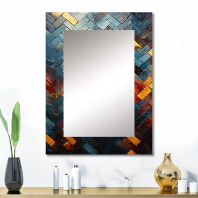 Carreaux cubiques abstraits jaunes et bleus - miroir mural décoratif en mosaïque, grand miroir jaune, impression d'art en métal