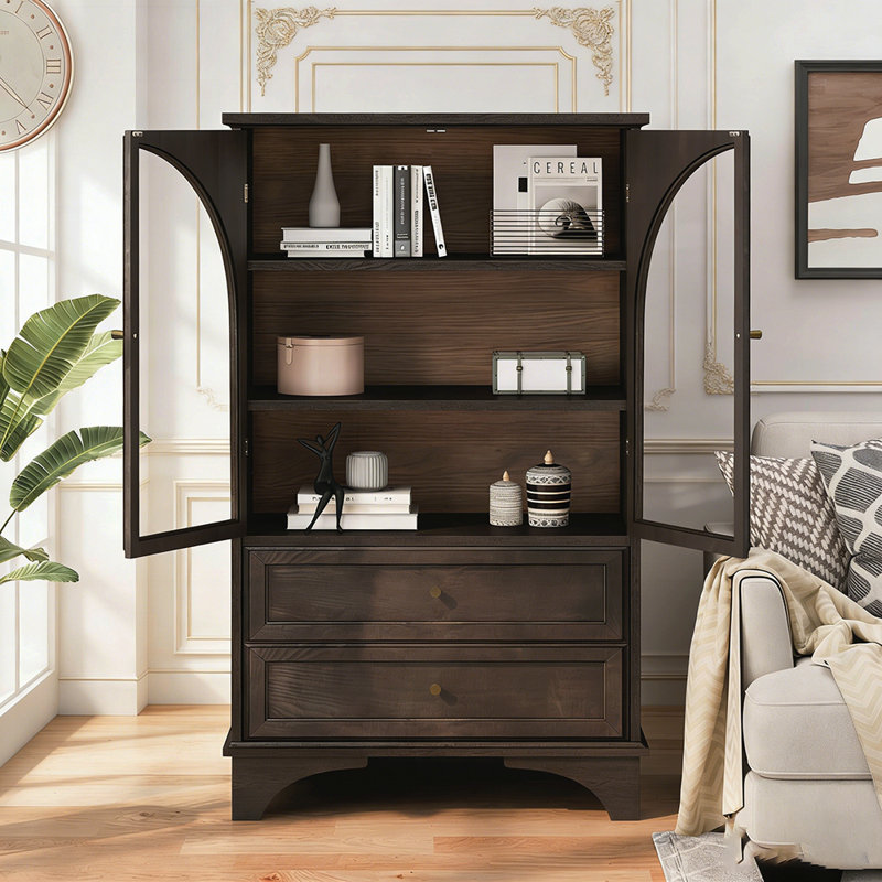 Glass Door Display Case Storage Cabinet with 3 Drawers and Adjustable Shelf, Spacious and Versatile for Any Room, Brown