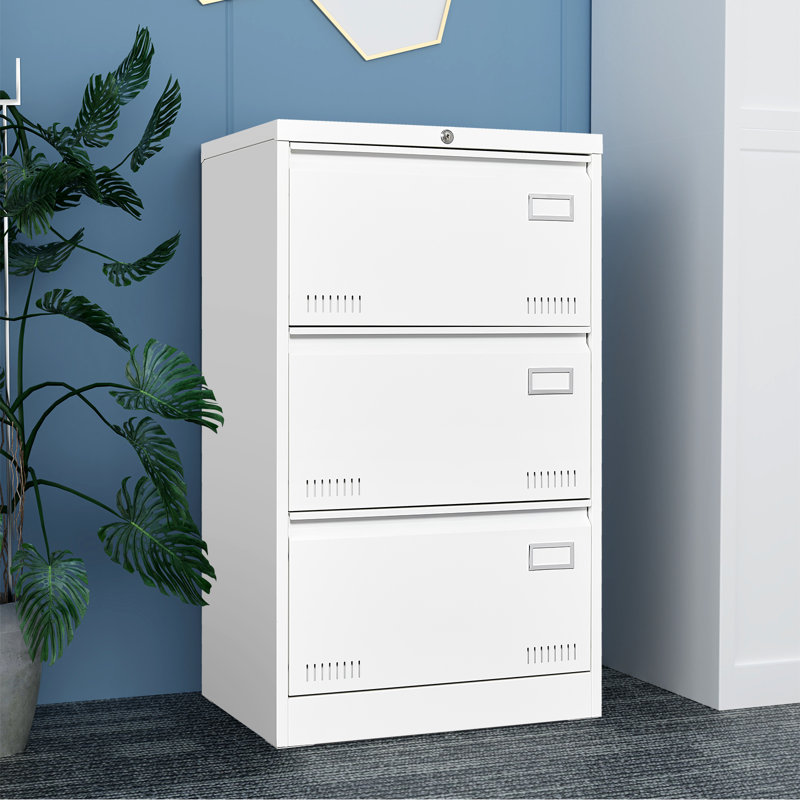 40''H Metal Vertical File Storage Cabinet For Office And Home With Lock And 3 Drawers, White