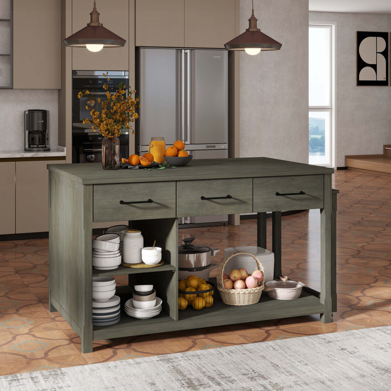 Buffet, îlot extensible sur roulettes avec tiroirs et tablettes ouvertes pour la cuisine, Gris