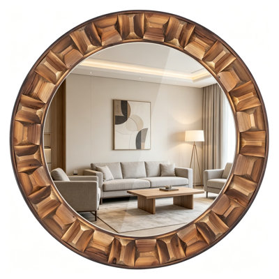 Large Round Solid Wood Wall Mirror With Distortion-Free Glass - Rustic Farmhouse Dark Brown Wooden Circle Mirror For Bathroom, Living Room, Entryway And Wall Decor