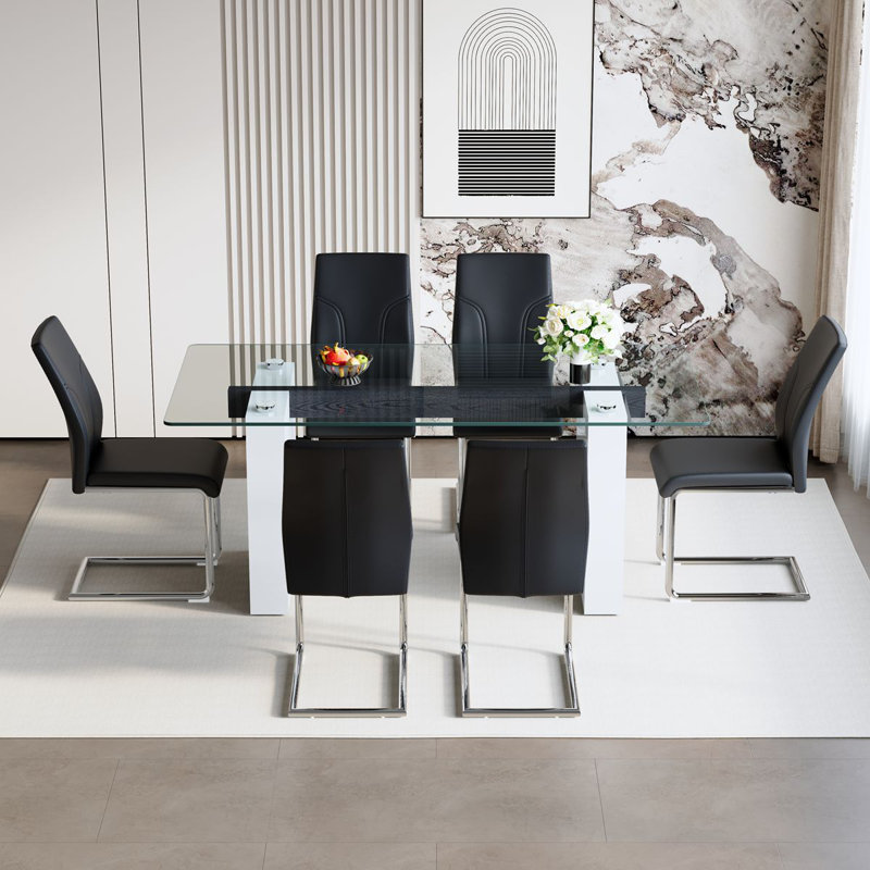 Ensemble de table de salle à manger en verre 71 po avec chaises chromées, table de cuisine élégante pour repas en famille
