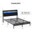 Structure de lit grand noir en métal avec dossier ergonomique - tête de lit confortable, ensemble d'éclairage à DEL, coin de charge et de rangement, coussins, espaces