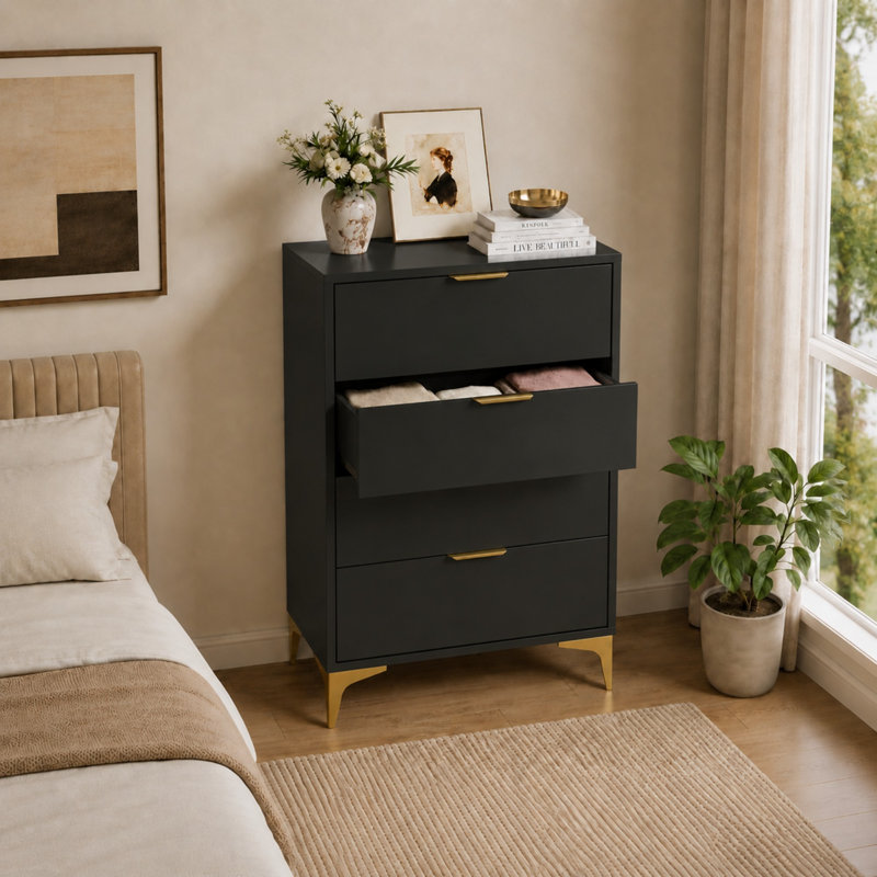 Commode 4 tiroirs, commode, commode de chambre à coucher - noir, Noir