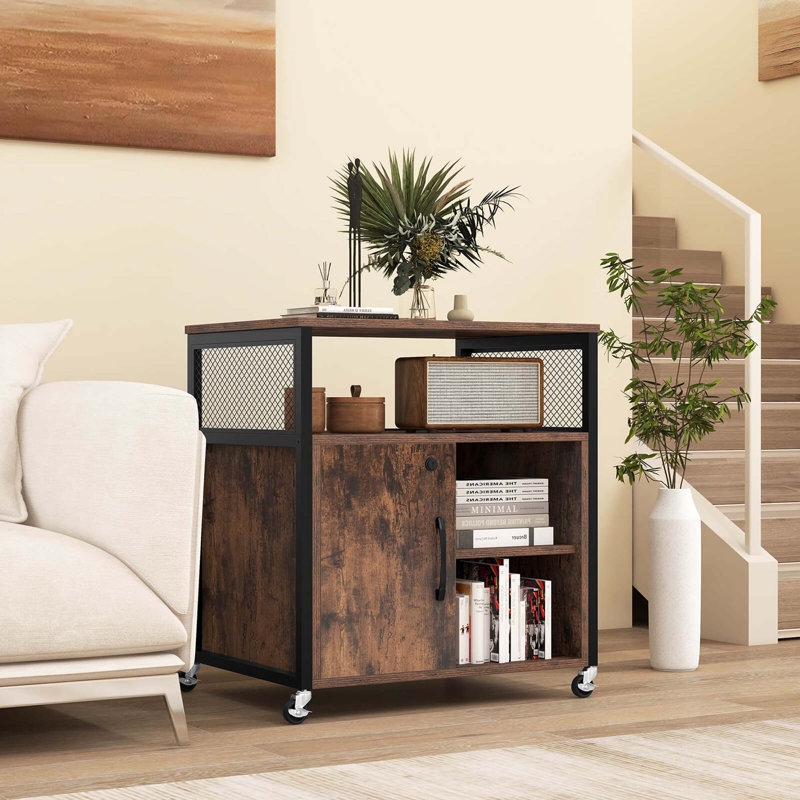 17 Storeys File Cabinet On Wheels With Charging Station & Cable Management Hole Shelves, Brown/Black