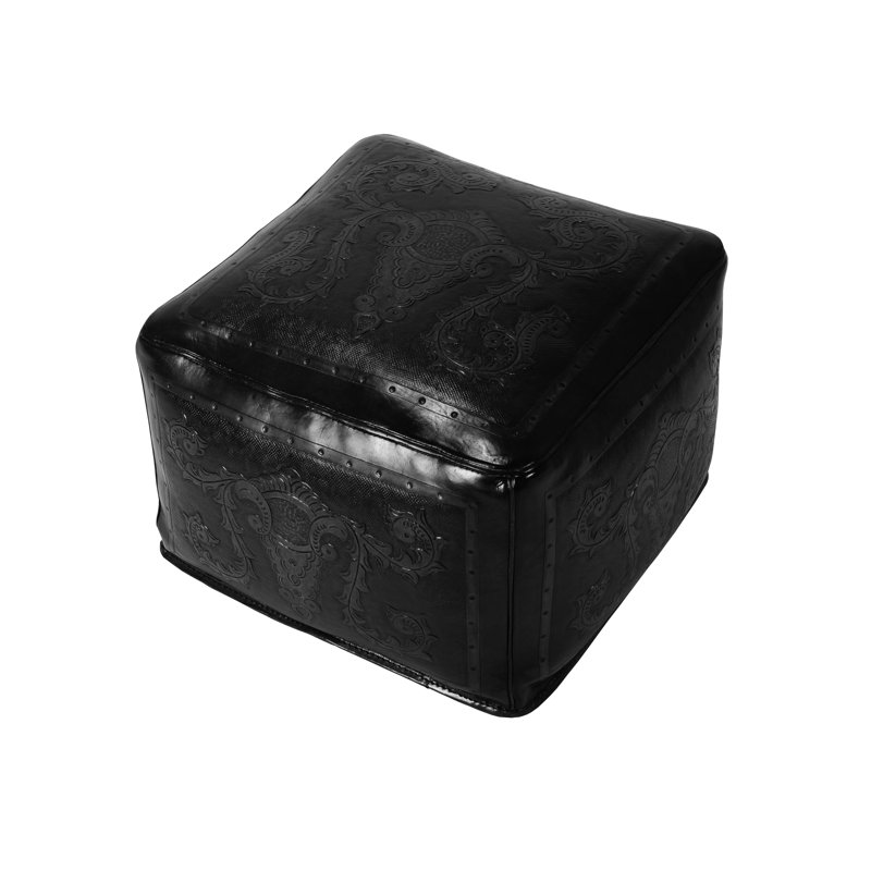 Navarette Upholstered Pouf, Black Genuine Leather