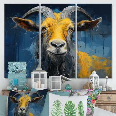 Chèvre jaune et bleu, prairie, portrait II - art mural de chèvre