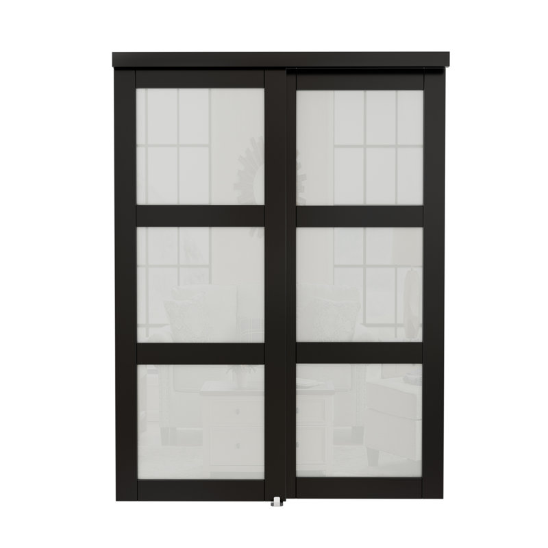 Porte de placard coulissante en verre givré noir 3 lumières 72 "x 80" avec trousse de quincaillerie d'installation