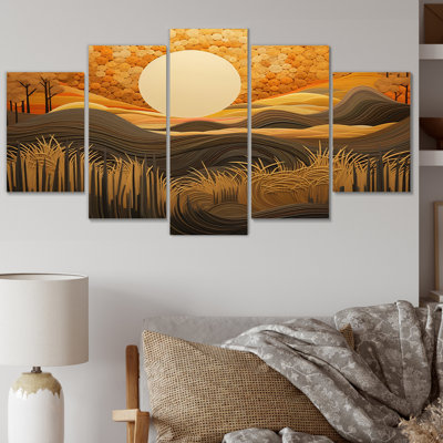 Paysage avec paysage de pleine lune Golden Fields - décor mural prairie - 5 panneaux