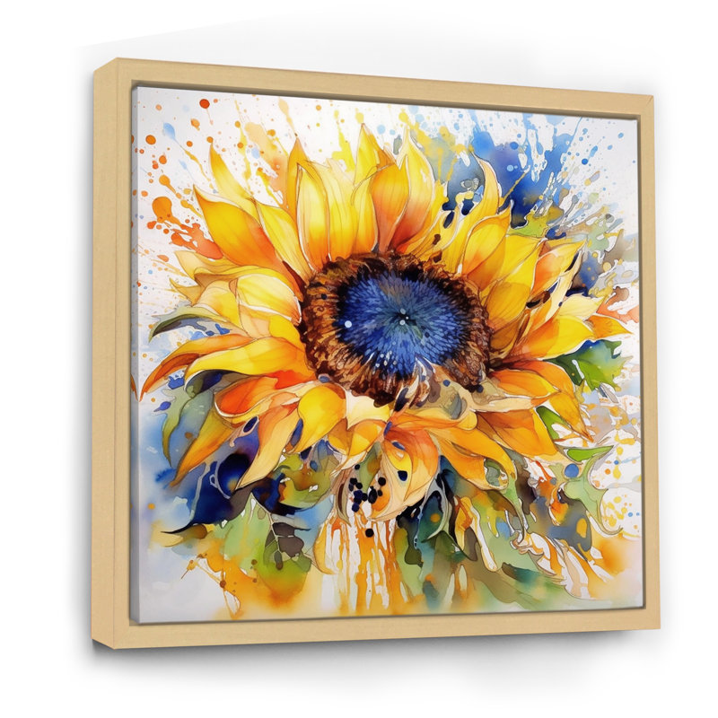 Jaune, bleu, doré, tournesols joyeux - art mural floral, H 36 po x l 36 po, Reproduction avec cadre flottant, Érable
