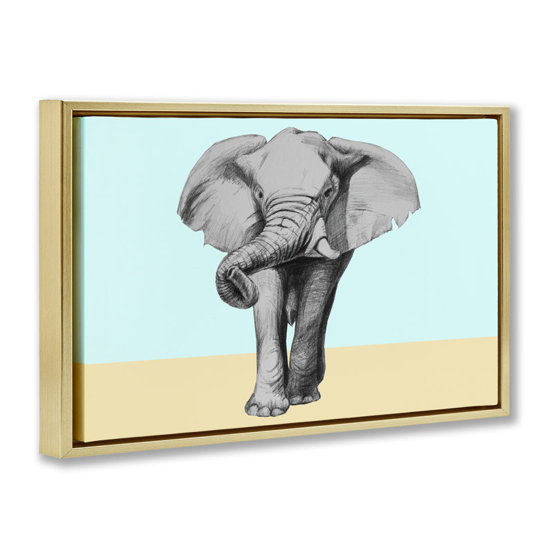 Éléphant esquissé sur cadre flottant aux teintes bloquées, design par Violeta Vollmer, H 17 po x l 25 po