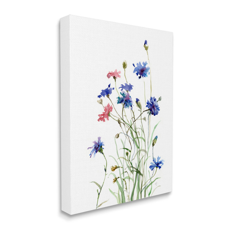 «Wild Cornflowers Spring Bloom», aquarelle sur bleu surdimensionnée par Verbrugge, H 48 po x l 36 po x P 1,5 po, Toile tendue