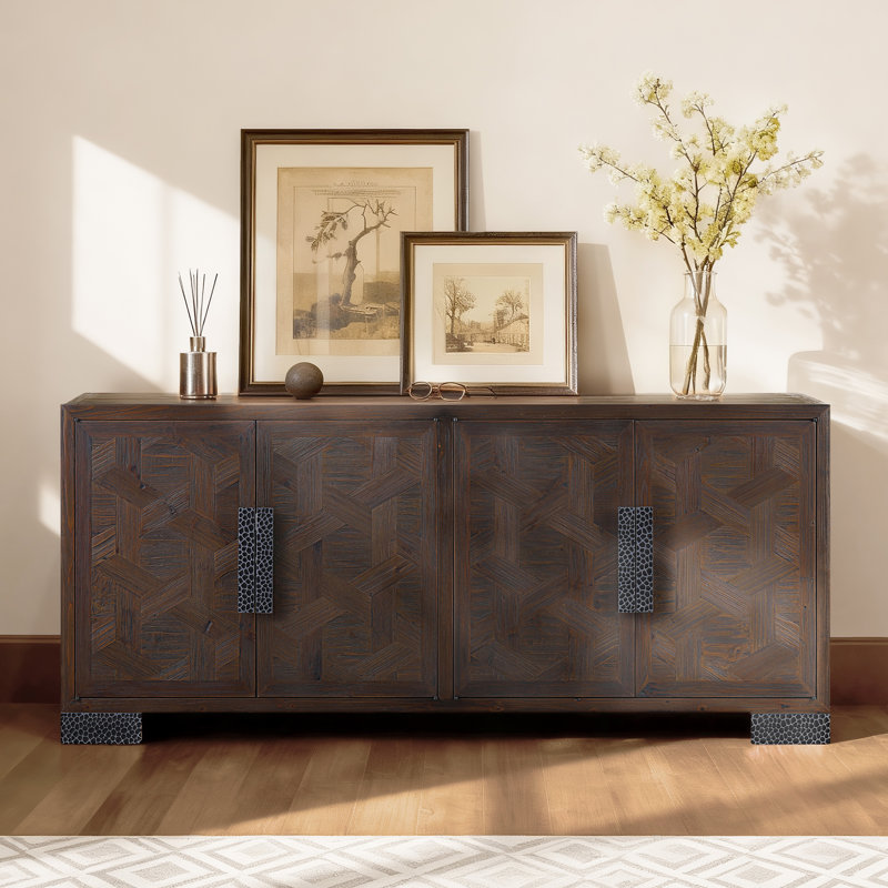  Buffet rétro en bois massif 74 po avec poignées en fer martelé