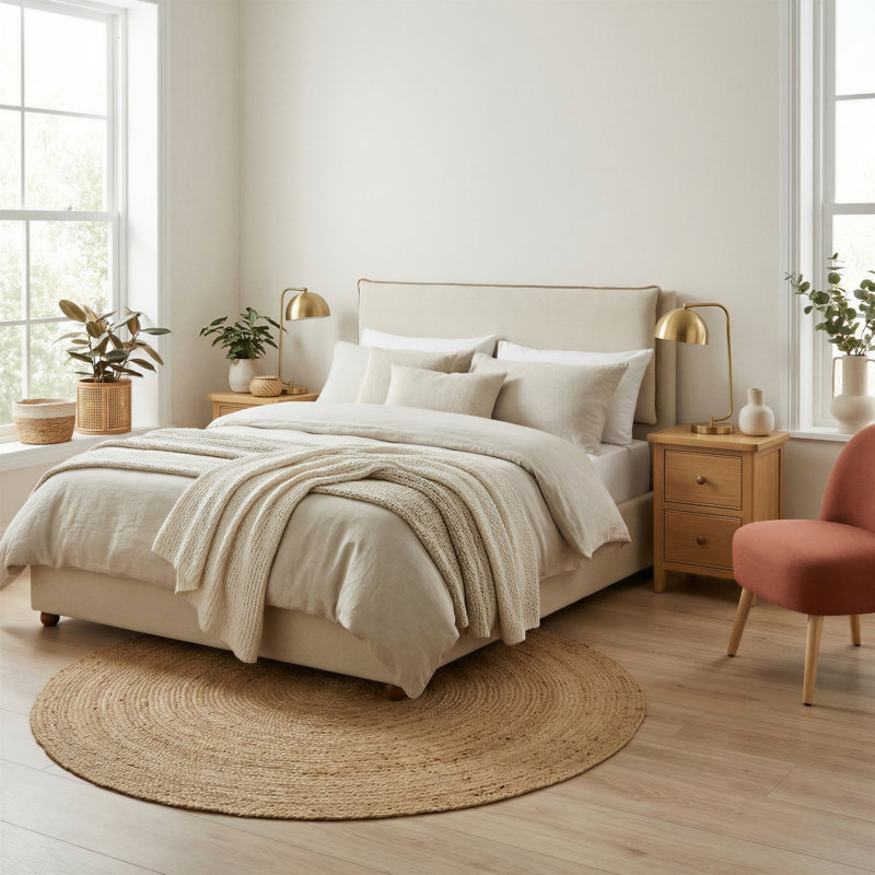 Roselane Upholstered Fabric Ottoman Bed Frame - Pillow Headboard Design        , Cream Fabric, King