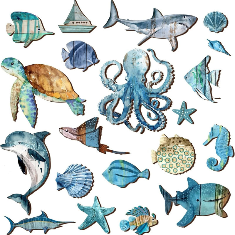 Ensemble de 20 décorations murales poisson en bois