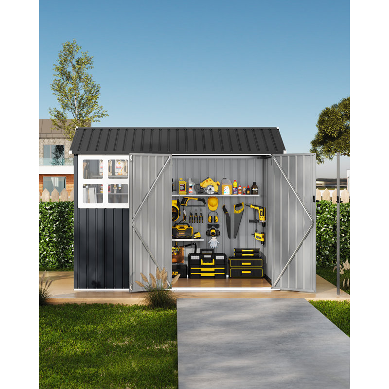 8x6 FT Metal Storage Shed w/ Window & Solar LED Light, Waterproof Garden Tool House, Lockable Door, Vented Roof for Backyard Patio