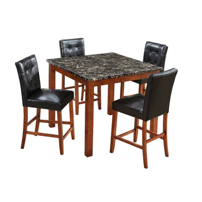 Mobilier de salle à manger à hauteur de comptoir 5 pièces brun avec table carrée et chaises rembourrées en polyuréthane pour espace pub avec repose-pieds