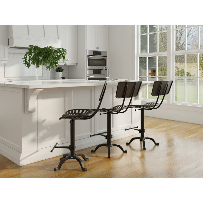 Rustic Gray 22-33" Adjustable Tractor Seat Barstool with Backrest, Industrial