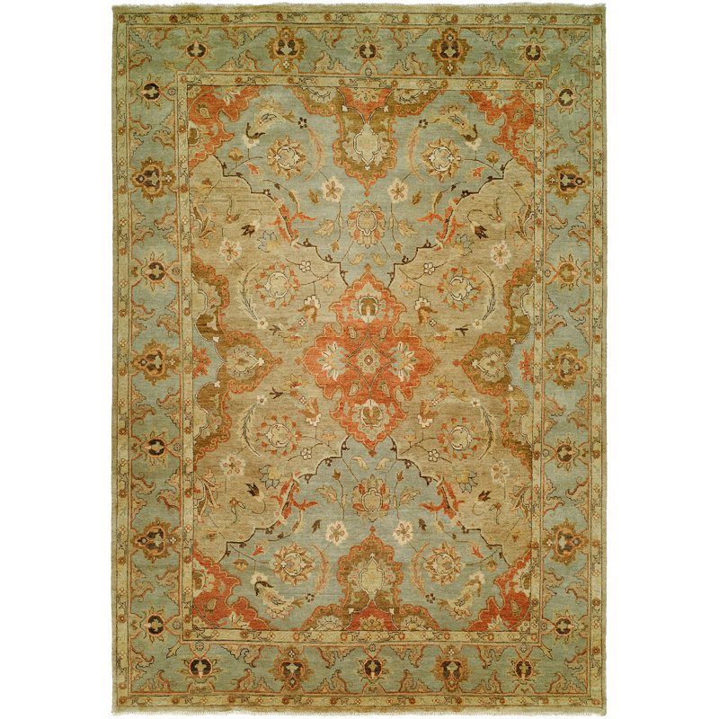 Tapis oriental en laine noué à la main beige, bleu et rouille, Rectangle 4pi x 6 pi