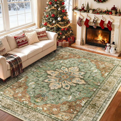 Tapis floral vintage lavable 8 pi x 10 pi - motif médaillon antidérapant