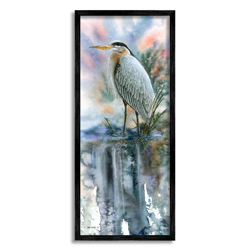 Heron Bird Pond Water's Edge, estampe numérique par Dave Bartholet, Giclée encadrée noir minuit, H 24 po x l 10 po x P 1,5 po