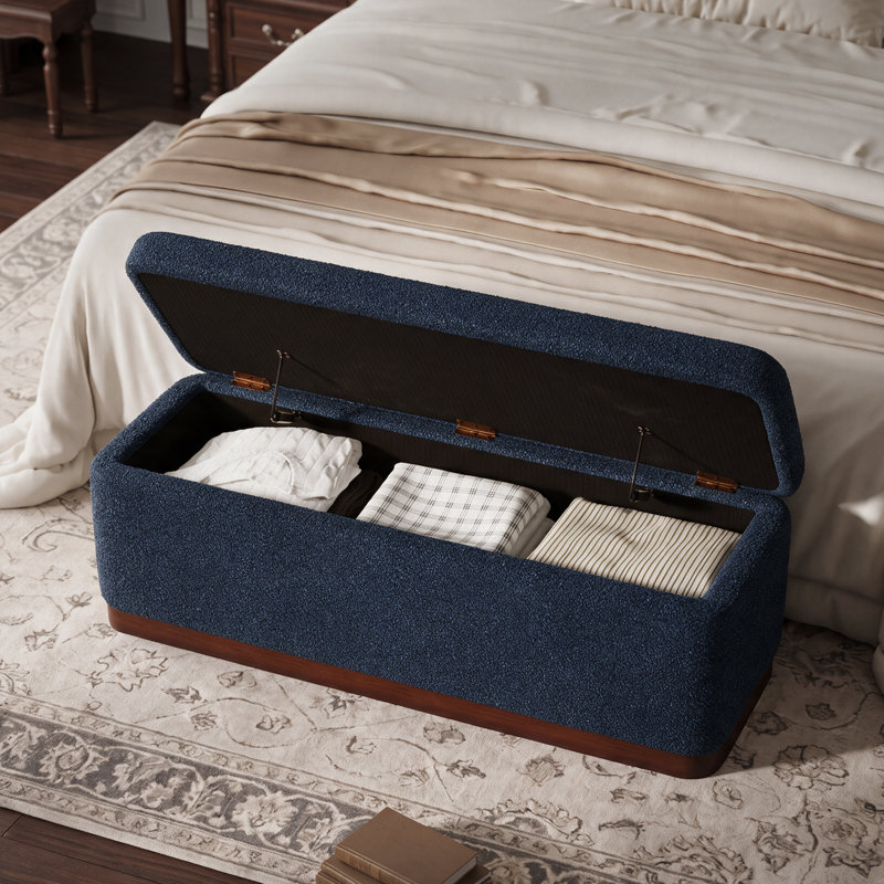 Banc de rangement rembourrÃ© moderne en bouclÃ© de 117 cm avec base en bois massif et compartiment dissimulÃ©, Blue