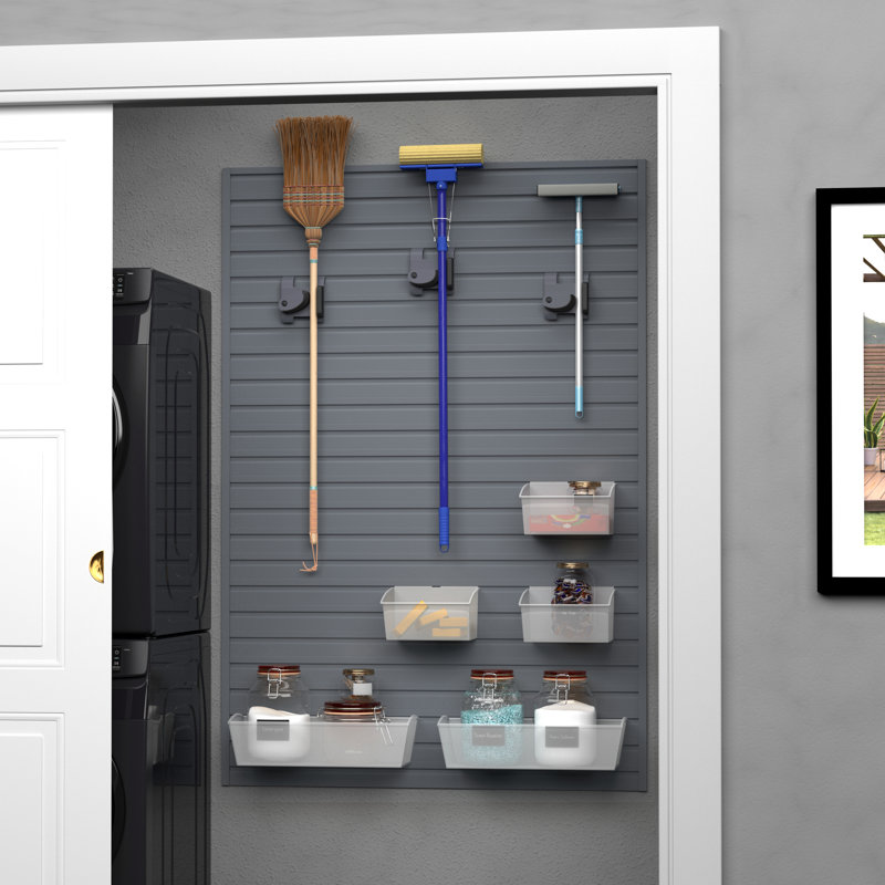 Flow Wall 9 Piece Slatwall Panel, Bin & Hook Storage Set - Slatwall, Silver