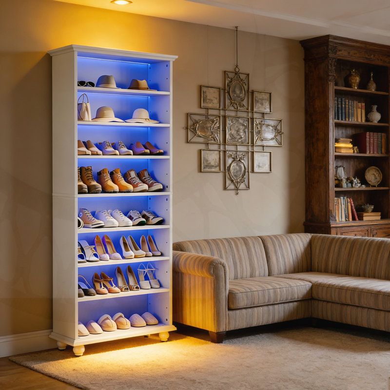 Grande armoire à 8 niveaux avec bande lumineuse à DEL et tablettes réglables pour 26 paires, organisateur vertical peu encombrant.