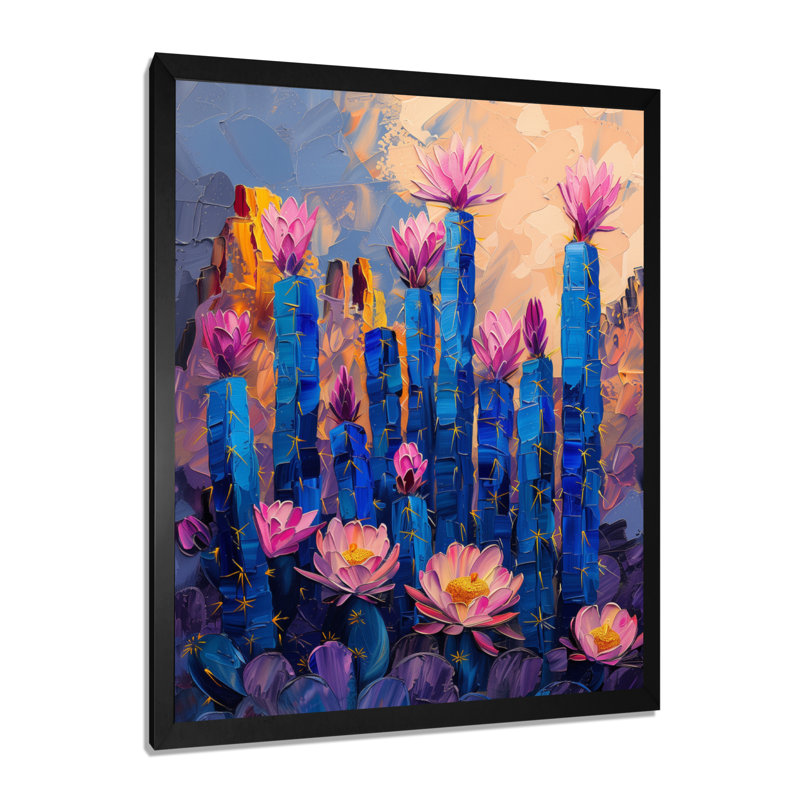 Cactus Grace III avec fleurs roses et bleues - cactus floral, H 20 po x l 12 po x P 1 po, Toile encadrée noire simple