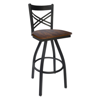 Akrin Cross Back Swivel Barstool - Vintage Walnut Relic Seat - Steel Frame - Sand Black Finish