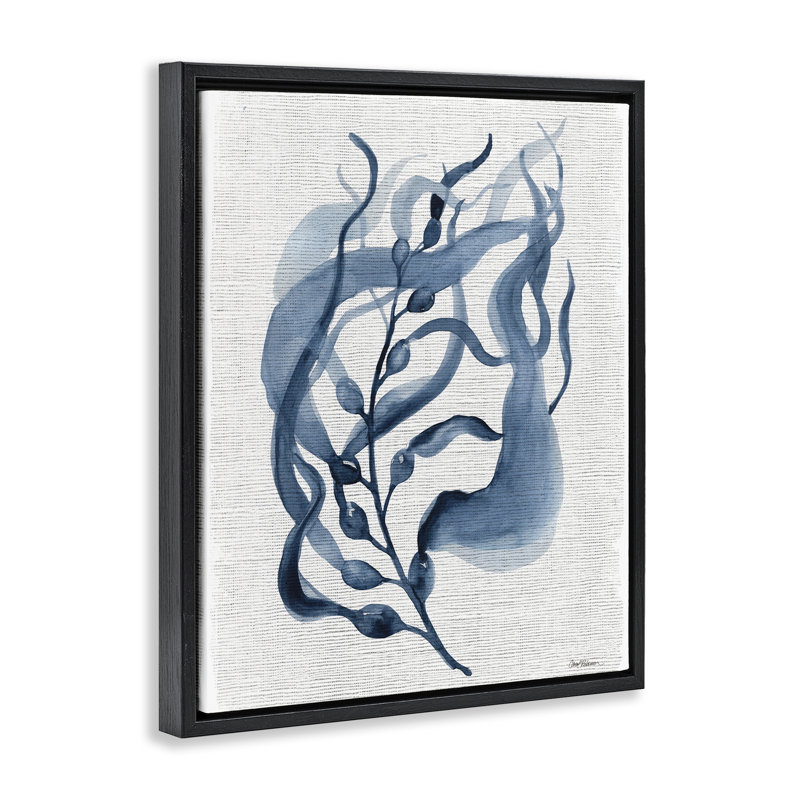 Cadre flottant avec feuille d'herbe bleue fluide, design par Carol Robinson, H 21 po x l 17 po, Cadre flottant noir de jais