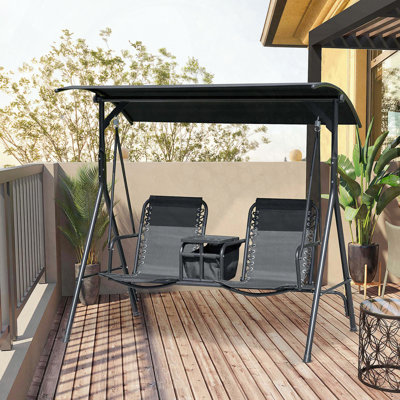 Balancelle de patio 2 places avec table de rangement pivotante et porte-gobelets