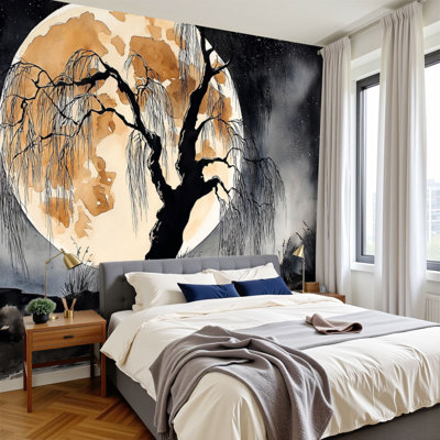 Peel and Stick Wallpaper 96" W x 69" H Modern Self Adhesive Wall Mural for Bedroom Willow Tree Silhouette Full Moon Dark Ink Watercolor Landscape
