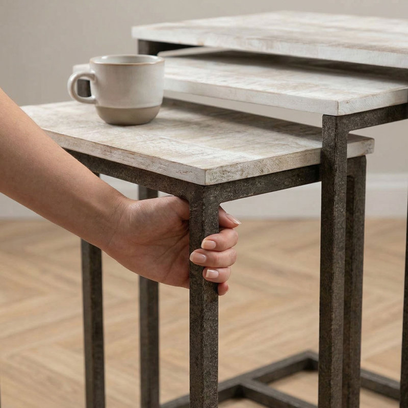 Ensemble de 3 tables gigognes en bois massif H 23,5 po x l 18 po Kendrik , Bois flottant naturel, Fer vieilli