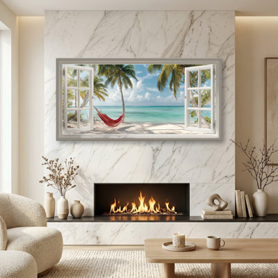 Ocean Beach Canvas Wall Art - Oversized Open Window Canvas Prints with Tropical Seaside Landscape Paintings, Natural Wonder Horizontal Artwork for Living Room Bedroom Home Decor,40x20"