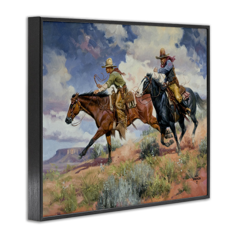 Trouble's A Comin 'Cowboys, estampe numérique, design par Jack Sorenson, H 11 po x l 14 po, Giclée encadrée noir minuit