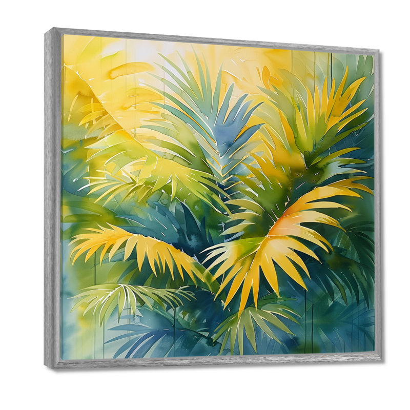 Reproduction d'art mural jaune et vert Frond Dance IV - palmiers et palmiers, Encadrement argenté, H 36 po x l 36 po