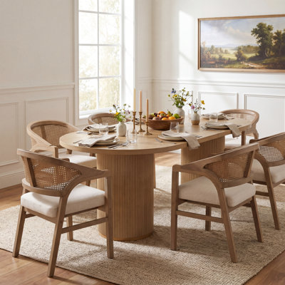 Stanley 6-Person Dining Table Set With Rattan Back Dining Chairs & Double Pedestal Base
