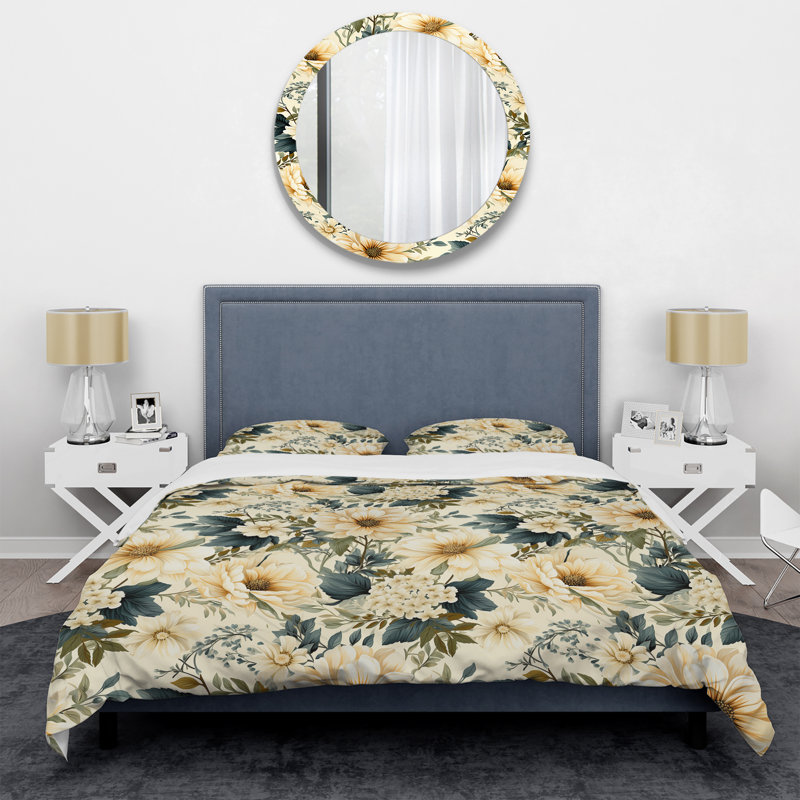 Ensemble de housse de couette floral beige et bleu avec pivoines antiques I