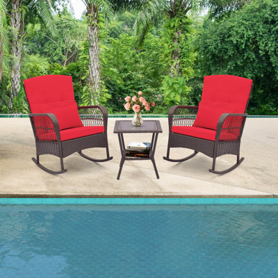 Ensemble de chaises berçantes d'extérieur en osier avec table basse double 3 pièces