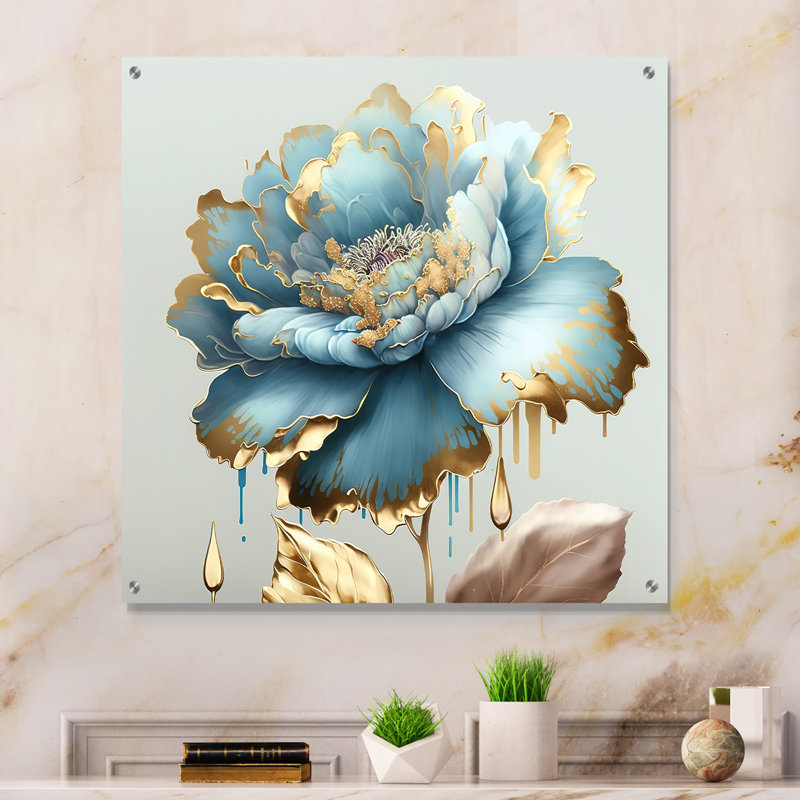 «Chic Blue Blooming Flower III», art mural fleurs en acrylique, H 16 po x l 16 po