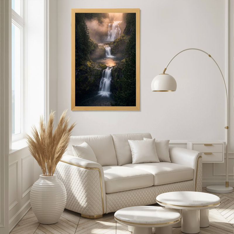 Toile naturelle encadrée en bois naturel pour salon, chambre à coucher, bureau ou vestibule - décoration murale décorative avec forêt cascade