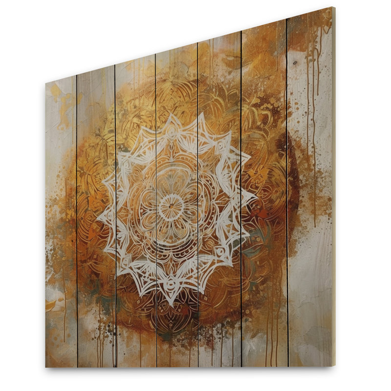 Blanc et or Mandala VI - impression de mandala boho sur bois de pin naturel, H 25 po x l 25 po x P 0,78 po
