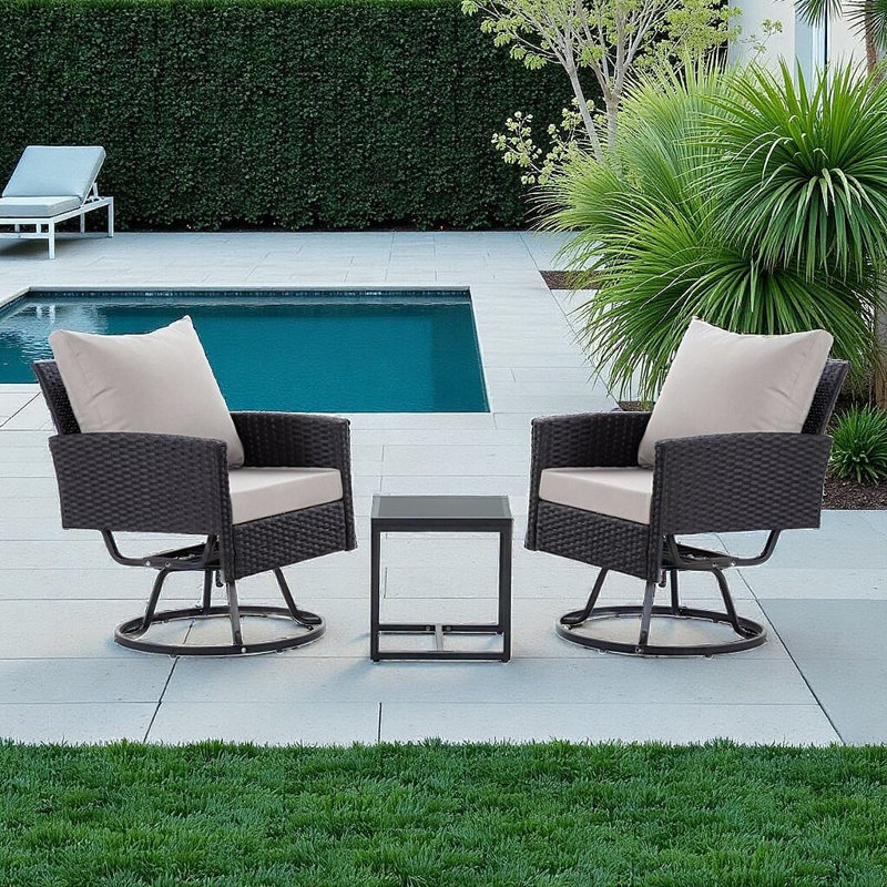 Ensemble de chaises pivotantes 3 pièces en osier PE avec rotation à 360 ° et table basse, Gris, Noir