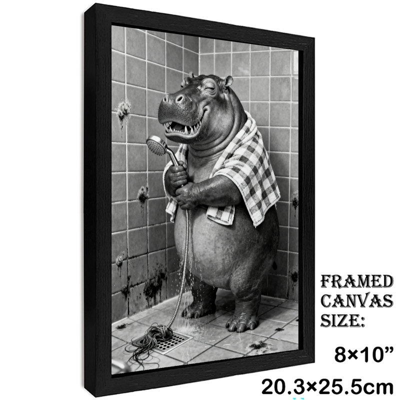 Art encadré noir, l'hippopotame prenant un bain, impressions encadrées de style rétro, H 11 po x l 9 po