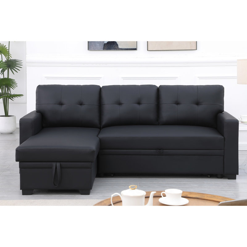 Canapé modulaire en similicuir noir avec méridienne et rangement escamotable pour 3 sièges
