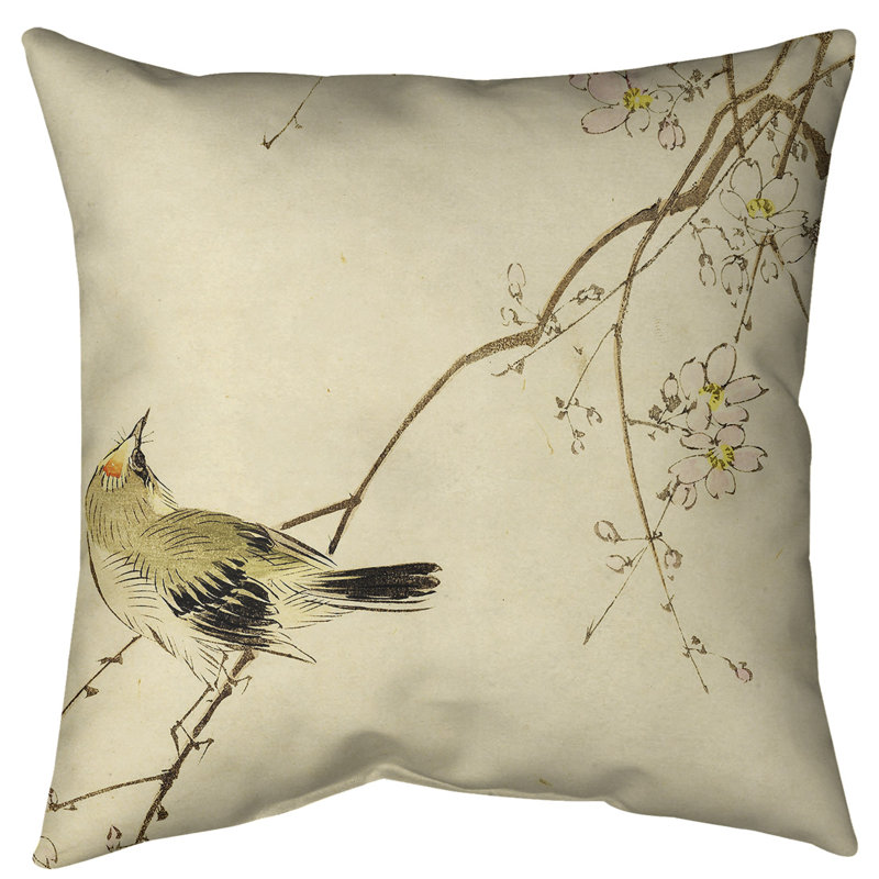 Coussin de sol en aquarelle à motif d’oiseaux et de fleurs de Japon rétro, 36 po x 36 po, Jaune