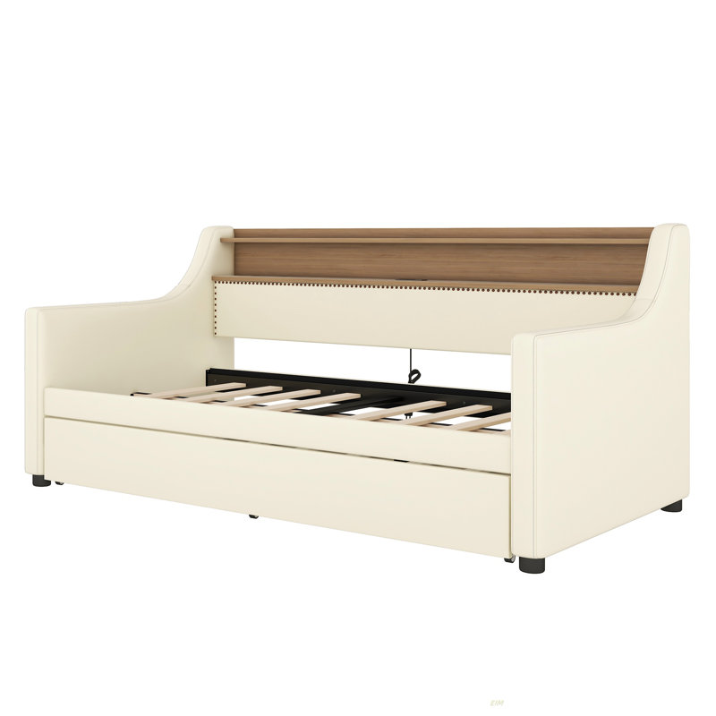 Daybed with Trundle, Upholstered Daybed with Charging Station and LED Lights, White