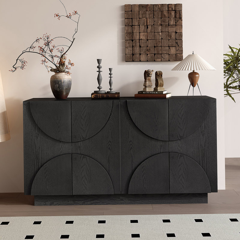 4-Door Large Storage Sideboard, Wood Sideboard Cabinet With Semi-Circular Handles And Adjustable Shelves For Dining Room, Kitchen, And Living Room (Black)